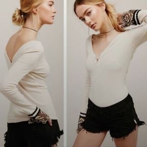 Free People ivory, lace cuffs, v-neck, thermal-like,long sleeves like new medium